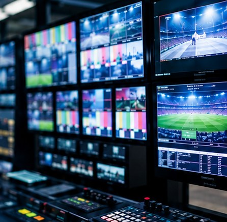 Broadcast control room with monitors showing live sports and video signals